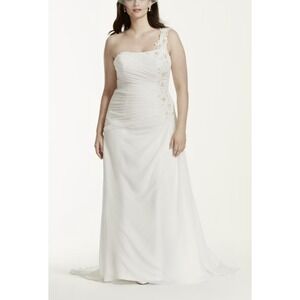 Davids Bridal One Shoulder Wedding Dress Floral Appliqués Ruching Size 0 w/ Veil
